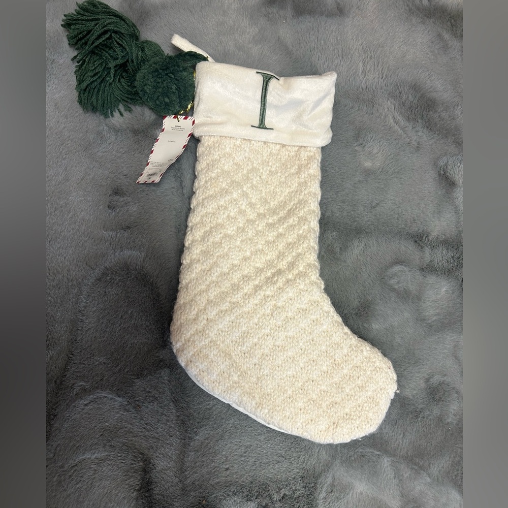North Pole Trading Company Ivory‎ Knit I Monogrammed Tassel Christmas Stocking